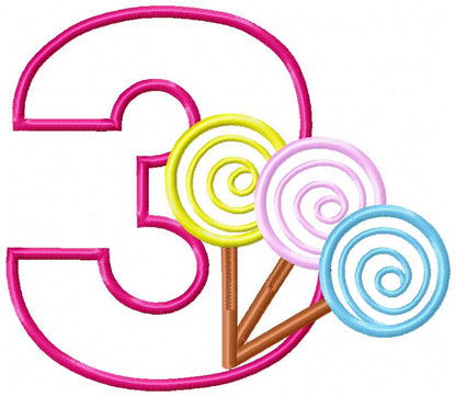 Lollipop Candy Number 3 Three 3rd Birthday - Applique