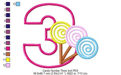 Lollipop Candy Number 3 Three 3rd Birthday - Applique