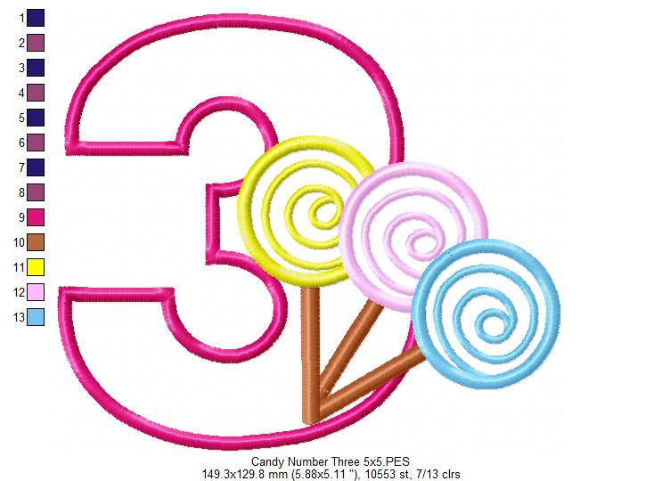 Lollipop Candy Number 3 Three 3rd Birthday - Applique