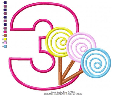Lollipop Candy Number 3 Three 3rd Birthday - Applique