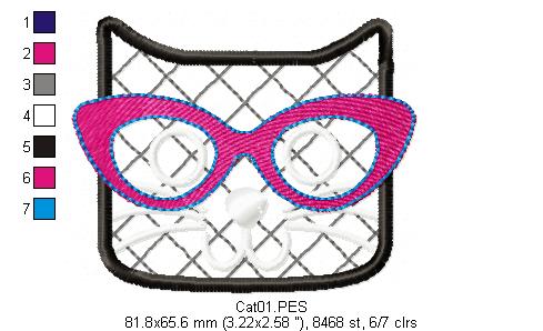 Cute Cat with Glasses - Applique - Machine Embroidery Design