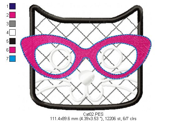 Cute Cat with Glasses - Applique - Machine Embroidery Design