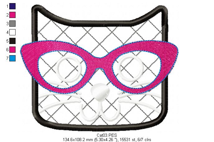 Cute Cat with Glasses - Applique - Machine Embroidery Design