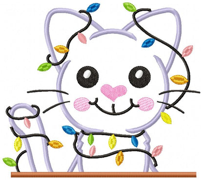 Christmas Cat Christmas Lights - Applique - Machine Embroidery Design