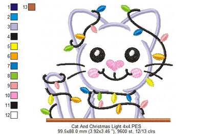Christmas Cat Christmas Lights - Applique - Machine Embroidery Design