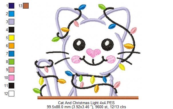 Christmas Cat Christmas Lights - Applique - Machine Embroidery Design