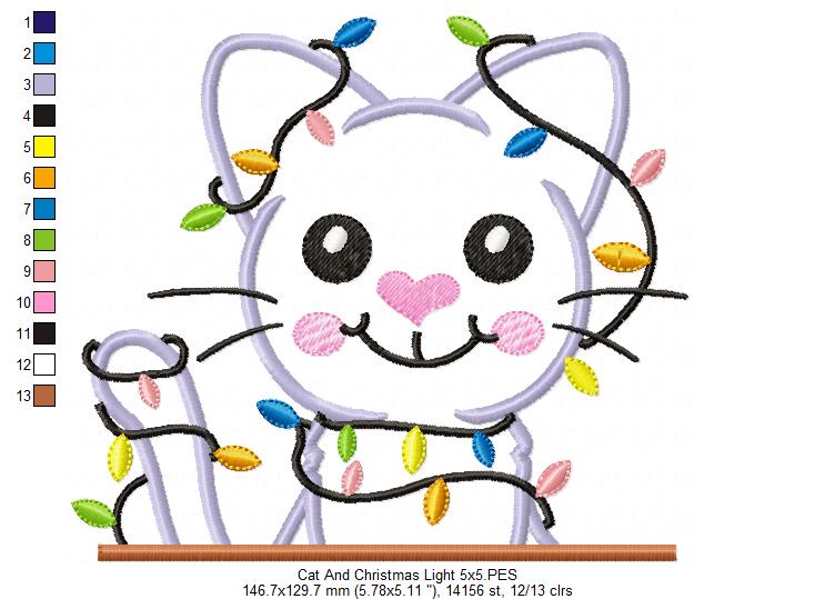 Christmas Cat Christmas Lights - Applique - Machine Embroidery Design