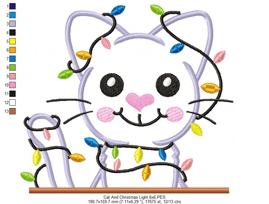 Christmas Cat Christmas Lights - Applique - Machine Embroidery Design