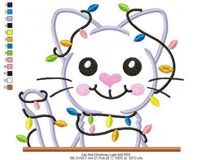 Christmas Cat Christmas Lights - Applique - Machine Embroidery Design