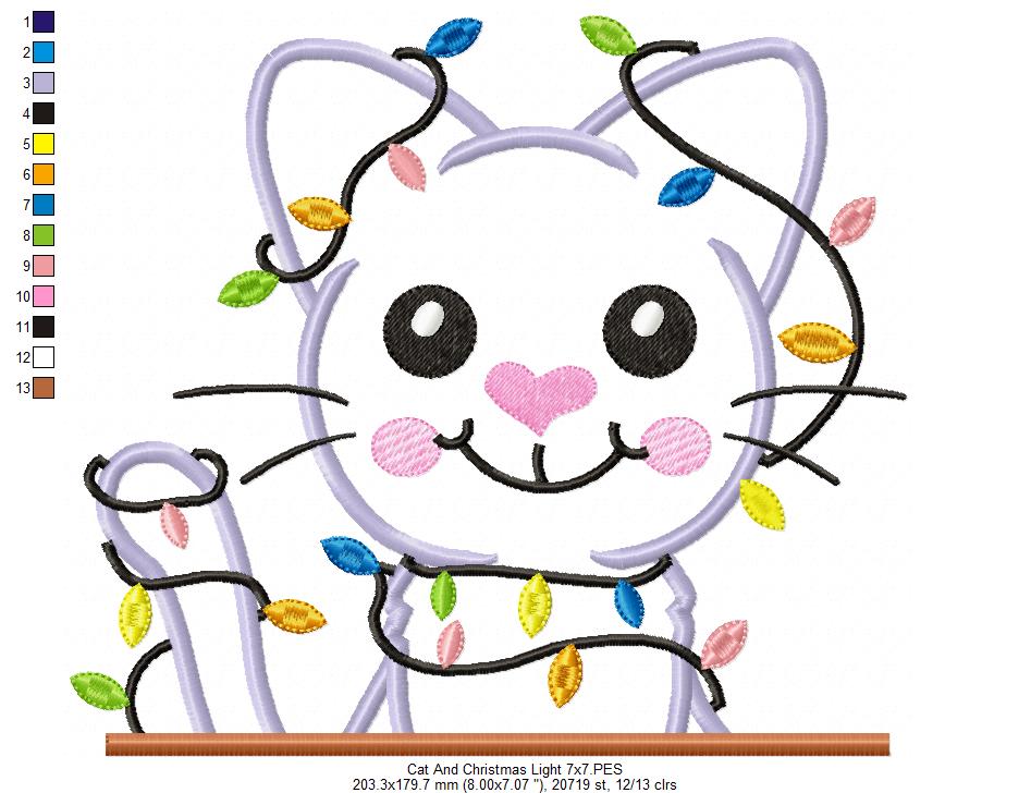 Christmas Cat Christmas Lights - Applique - Machine Embroidery Design