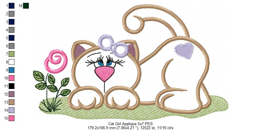 Cute Cat Girl - Applique - Machine Embroidery Design