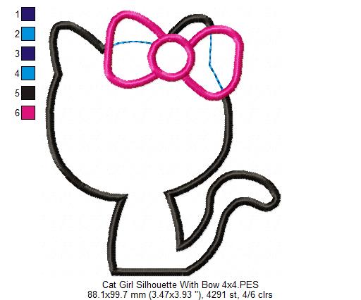 Cute Kitty Silhouette With Bow - Appliqué - Machine Embroidery Design