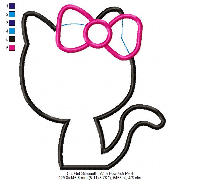 Cute Kitty Silhouette With Bow - Appliqué - Machine Embroidery Design