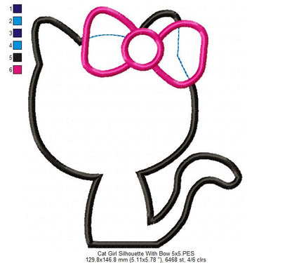 Cute Kitty Silhouette With Bow - Appliqué - Machine Embroidery Design