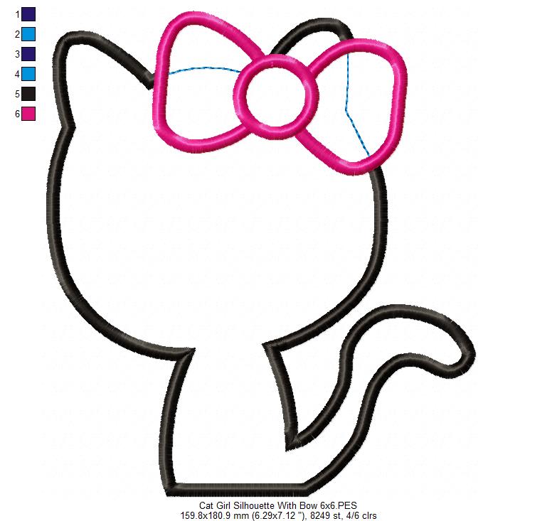 Cute Kitty Silhouette With Bow - Appliqué - Machine Embroidery Design