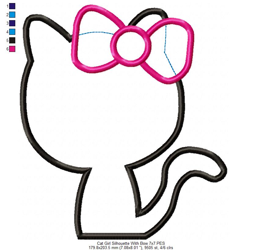 Cute Kitty Silhouette With Bow - Appliqué - Machine Embroidery Design