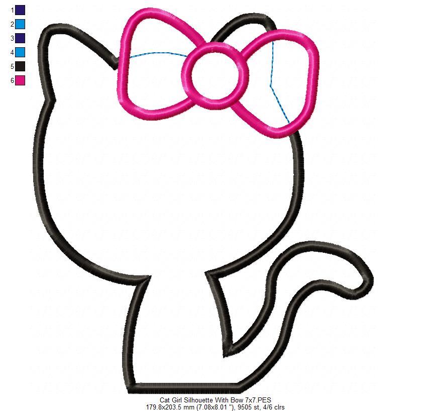 Kitty Cat Girl Silhouette with Bow - Applique