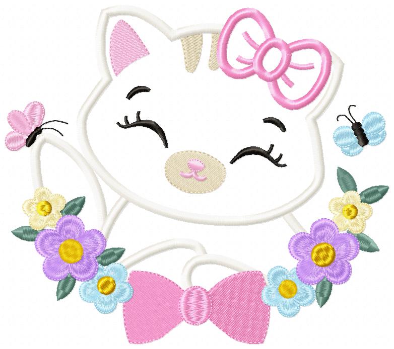 Cat Girl, Butterfly and Flowers - Applique - Machine Embroidery Design