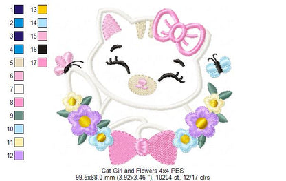 Cat Girl, Butterfly and Flowers - Applique - Machine Embroidery Design