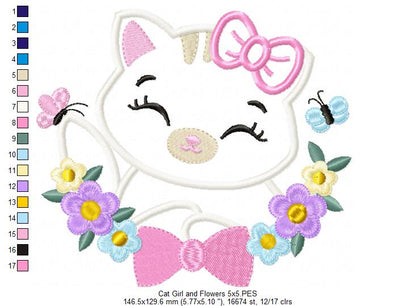 Cat Girl, Butterfly and Flowers - Applique - Machine Embroidery Design