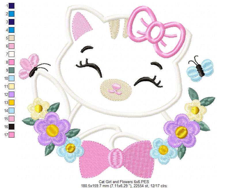 Cat Girl, Butterfly and Flowers - Applique - Machine Embroidery Design