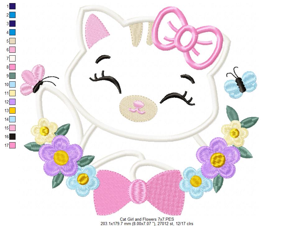 Cat Girl, Butterfly and Flowers - Applique - Machine Embroidery Design