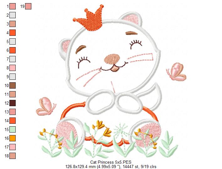 Princess Cat - Applique - Machine Embroidery Design