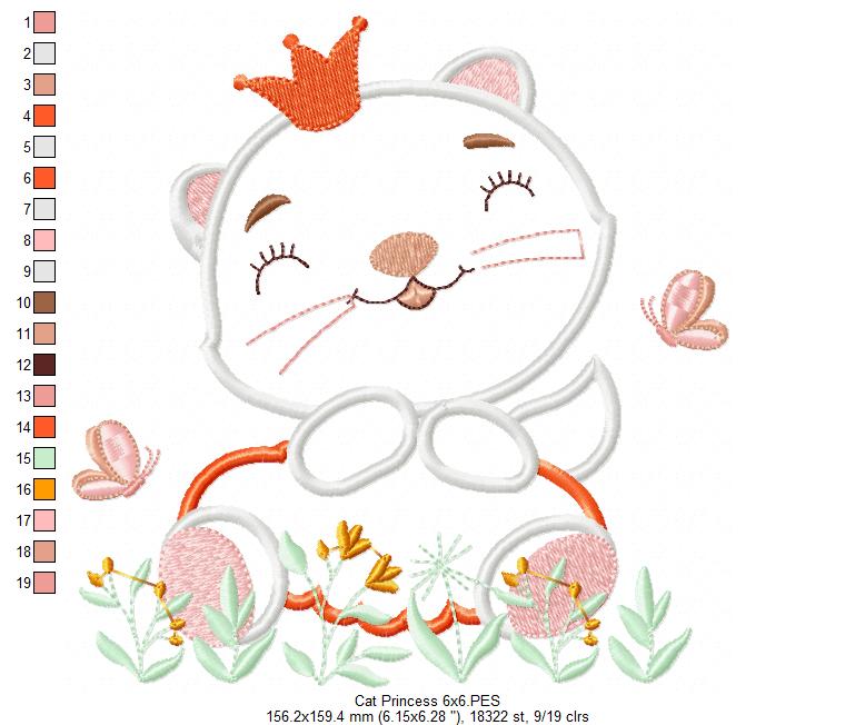 Princess Cat - Applique - Machine Embroidery Design