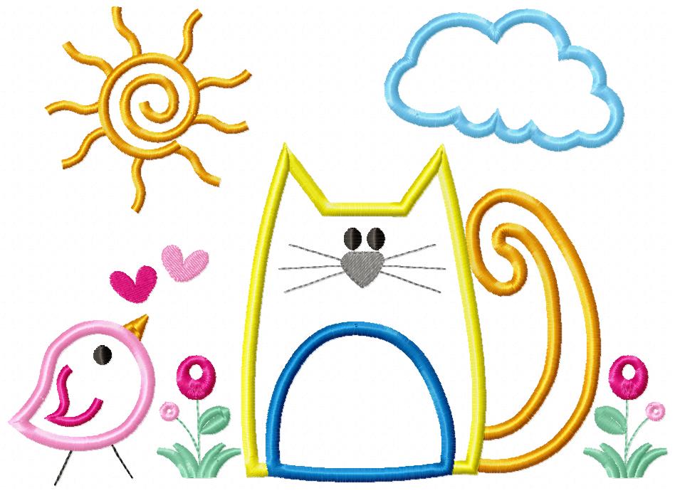 Cat, Bird and Sun - Applique - Machine Embroidery Design
