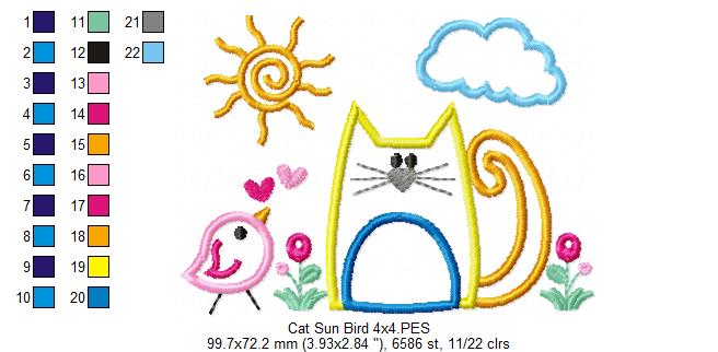 Cat, Bird and Sun - Applique - Machine Embroidery Design