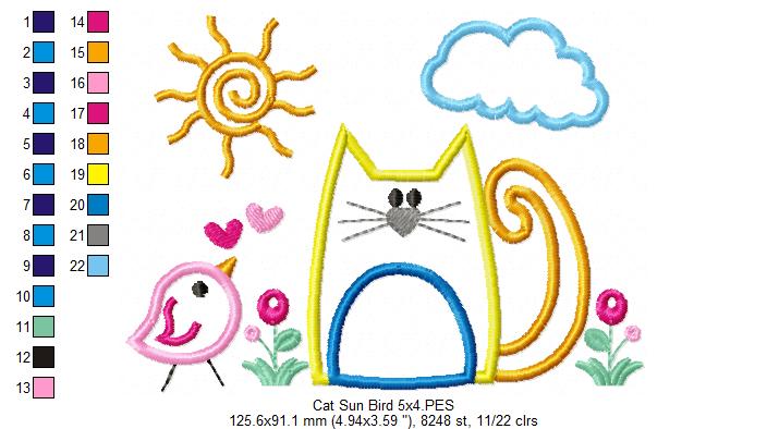 Cat, Bird and Sun - Applique - Machine Embroidery Design