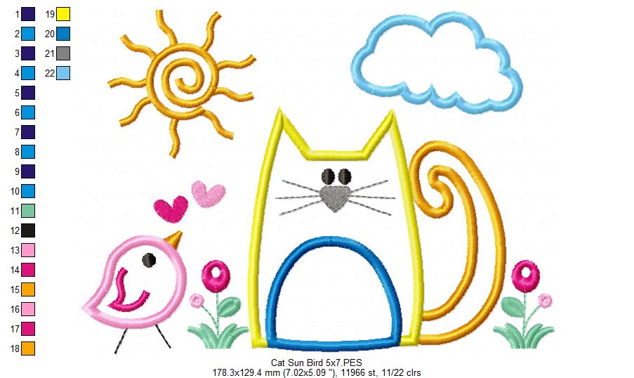 Cat, Bird and Sun - Applique - Machine Embroidery Design