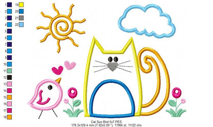 Cat, Bird and Sun - Applique - Machine Embroidery Design