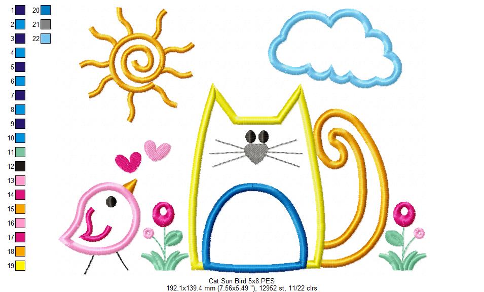 Cat, Bird and Sun - Applique - Machine Embroidery Design