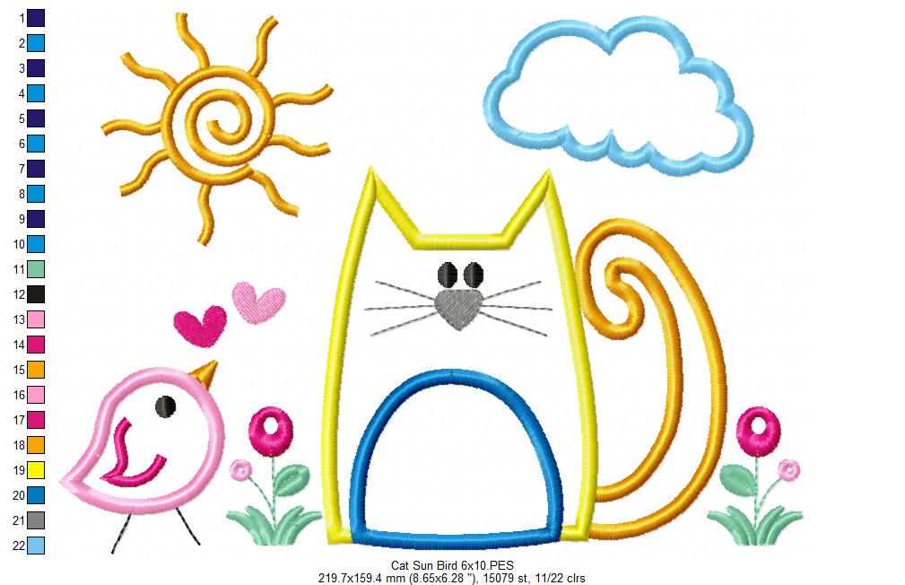 Cat, Bird and Sun - Applique - Machine Embroidery Design