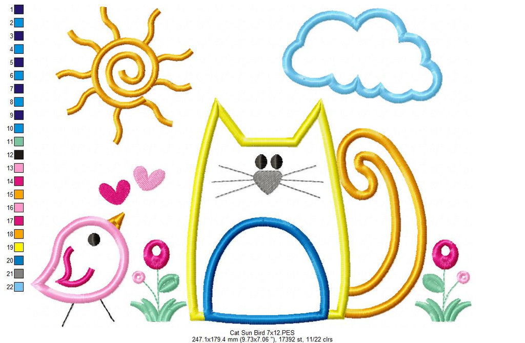 Cat, Bird and Sun - Applique - Machine Embroidery Design