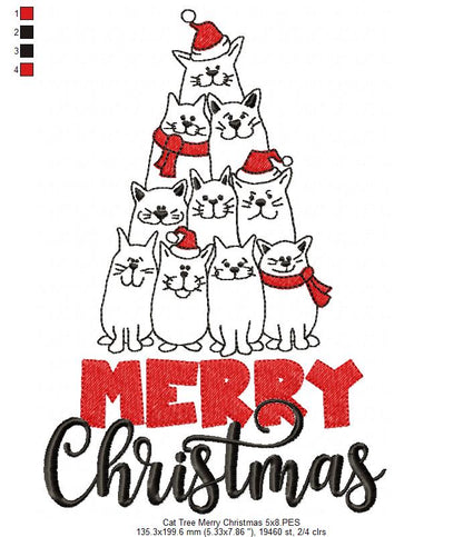 Cat Tree Merry Christmas - Fill Stitch - Machine Embroidery Design