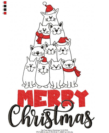 Cat Tree Merry Christmas - Fill Stitch - Machine Embroidery Design