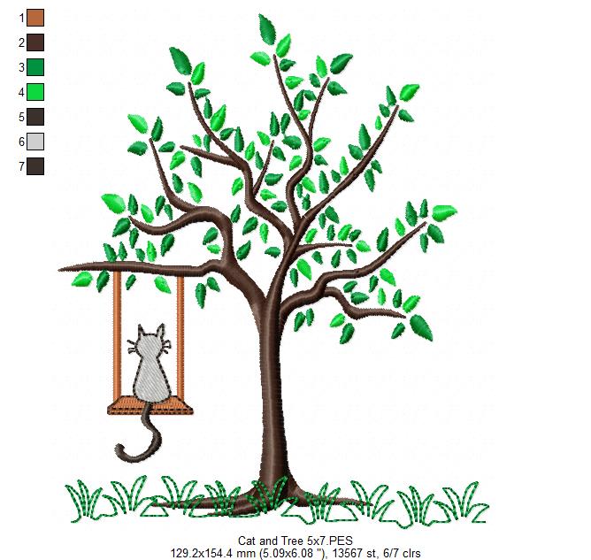 Cat on Swing Tree - Fill Stitch – Machine Embroidery Design