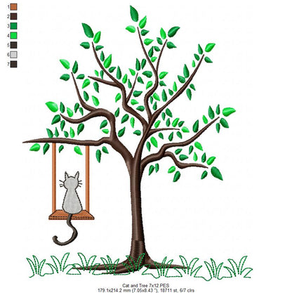 Cat on Swing Tree - Fill Stitch – Machine Embroidery Design