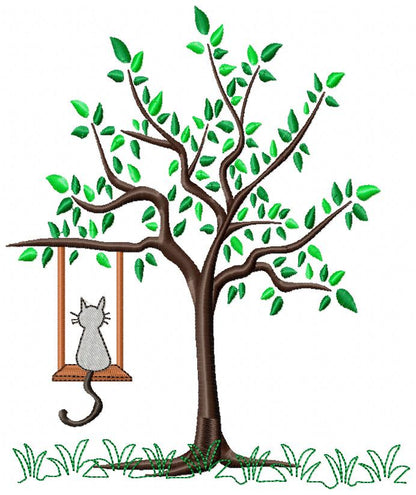 Cat on Swing Tree - Fill Stitch – Machine Embroidery Design