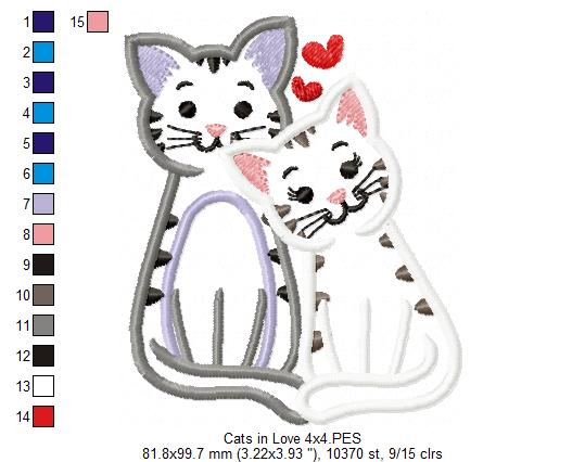 Valentines Cats in Love - Applique - Machine Embroidery Design