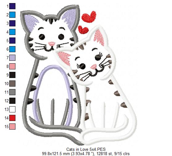 Valentines Cats in Love - Applique - Machine Embroidery Design