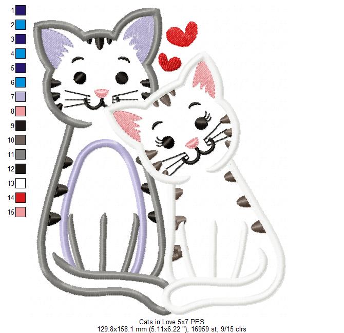Valentines Cats in Love - Applique - Machine Embroidery Design