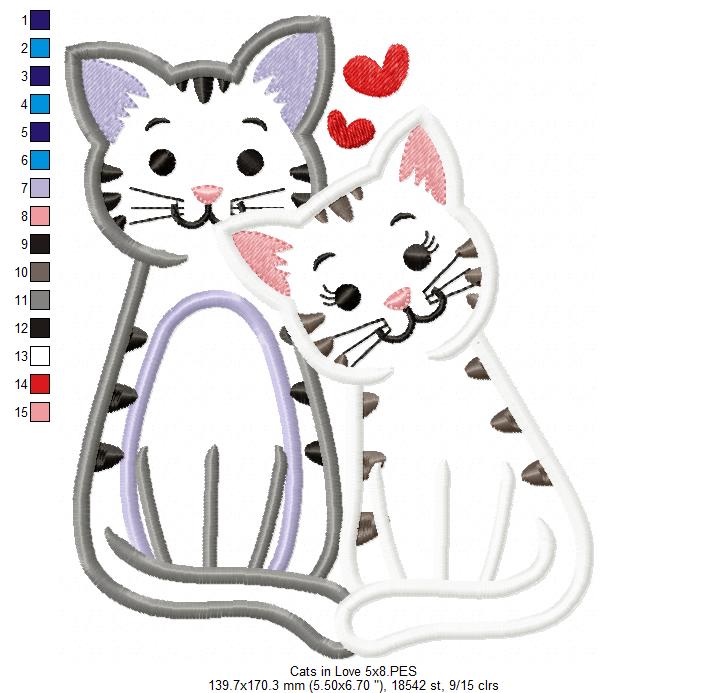 Valentines Cats in Love - Applique - Machine Embroidery Design