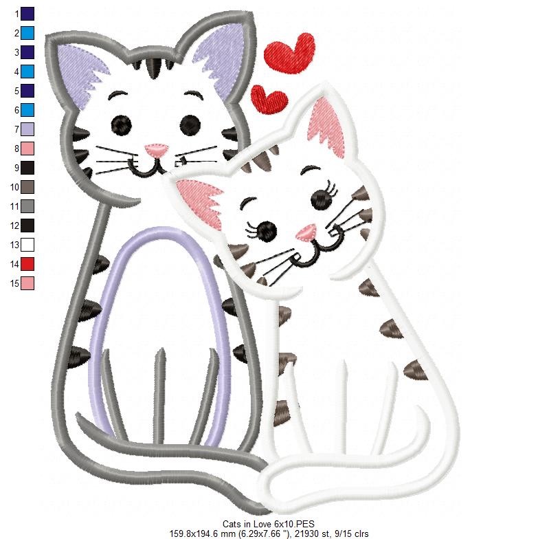 Valentines Cats in Love - Applique - Machine Embroidery Design