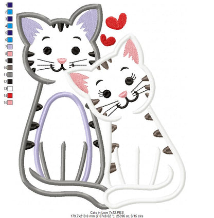 Valentines Cats in Love - Applique - Machine Embroidery Design