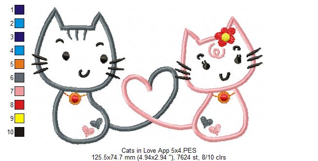 Cats in Love - Applique - Machine Embroidery Design