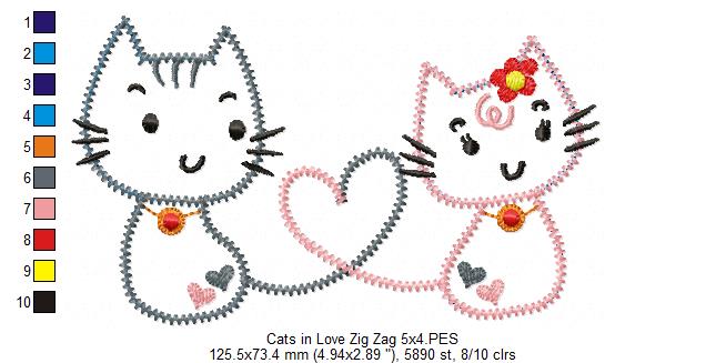 Cats in Love – Zig Zag Appliqué – Machine Embroidery Design