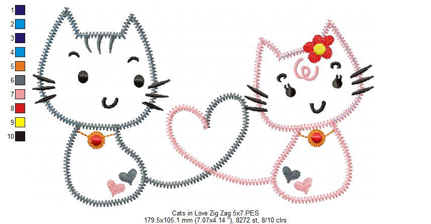 Cats in Love – Zig Zag Appliqué – Machine Embroidery Design